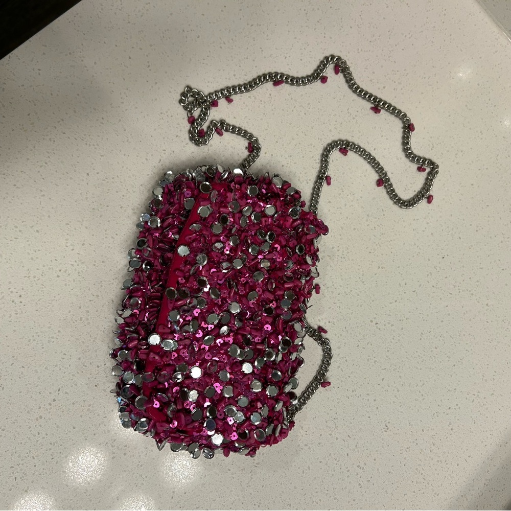 Zara Fuchsia Sequin Clutch with Silver Chain